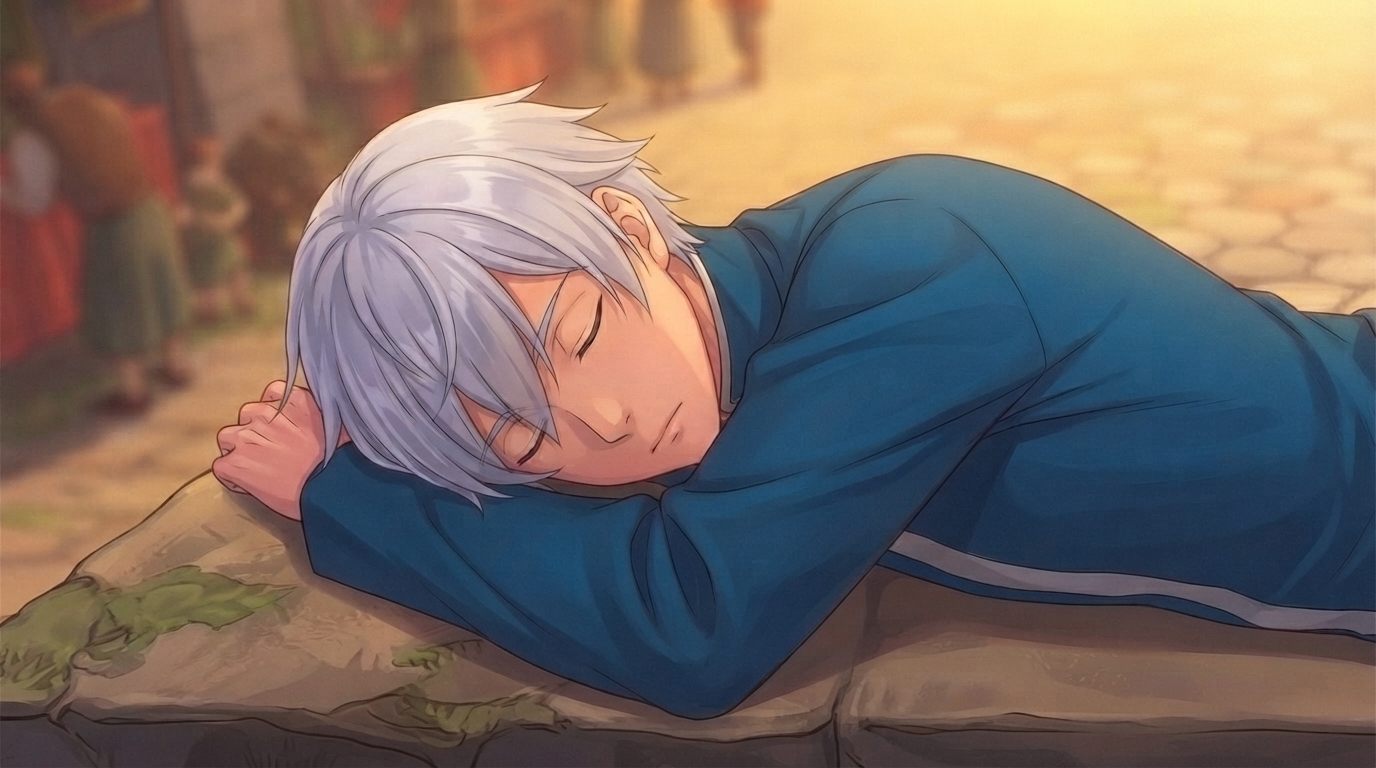広場の石の長椅子で眠るノルン